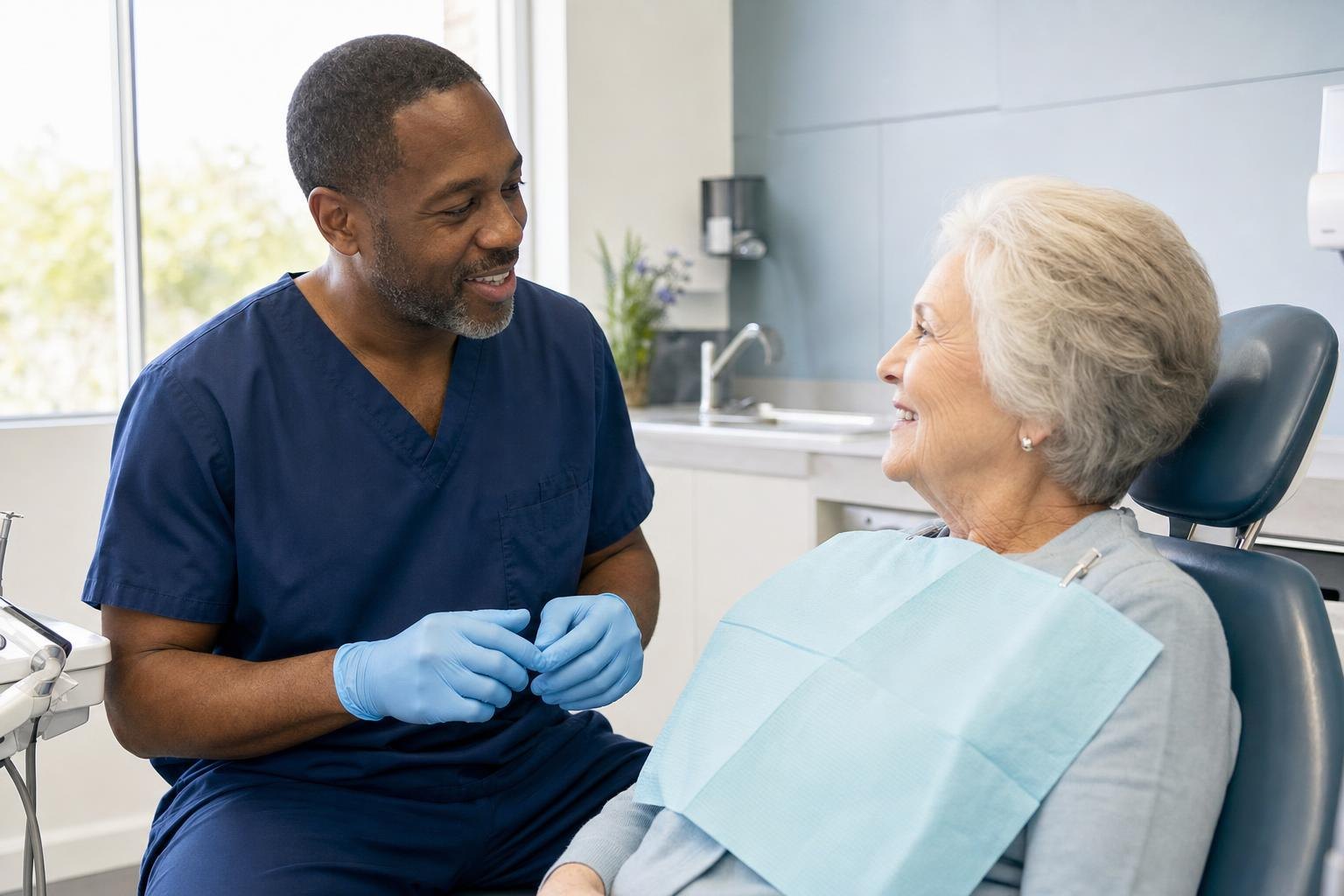 African American dentist speaking with an elderly white woman patient in a dental chair